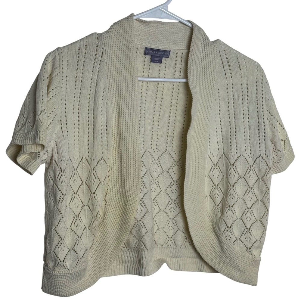 Laura Scott Cream Cropped Cardigan Sweater Short Sleeve Knit Diamond Cotton M